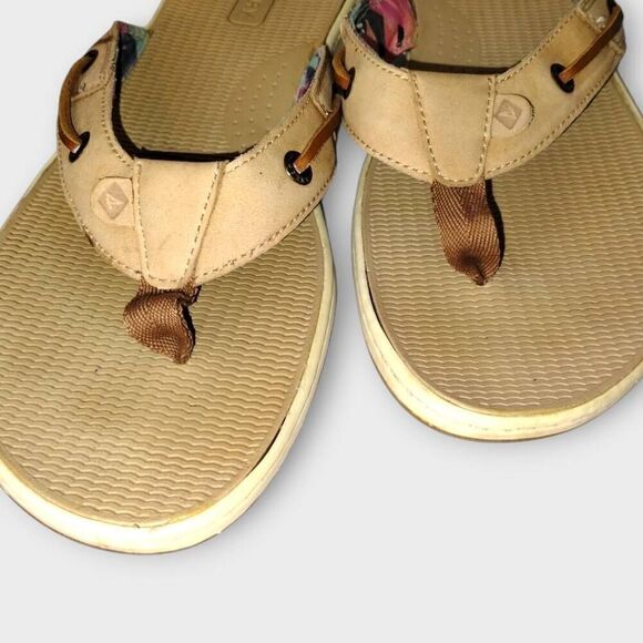 Sperry Womens Seafish Thong Sz 10 Sandals Tan Leather Comfort Cushion Support - Picture 3 of 8